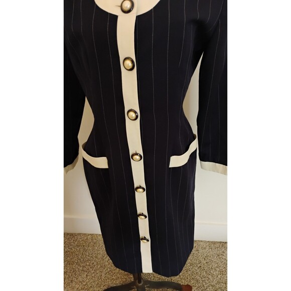 Vtg 80s Jennifer Jeffries Shirt Dress 6 Blue Cream Stripe Gold & Pearl Buttons - Picture 3 of 15